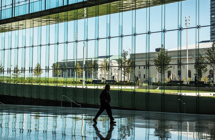 global center, reflections, walking