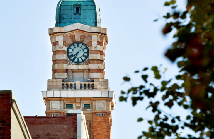 west side market exterior, tower, vendors